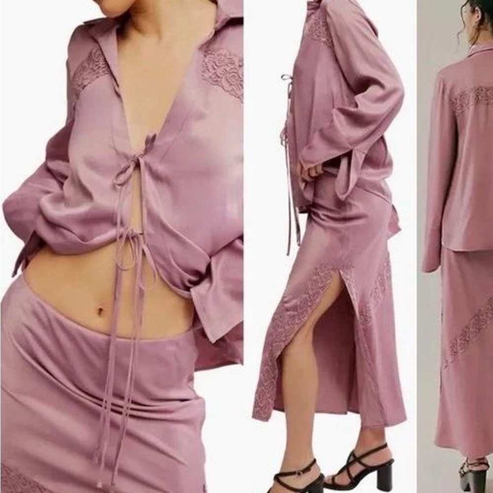 Free People Satin Lace-Trim Two-Piece Set in Dusty Rose skirt& top